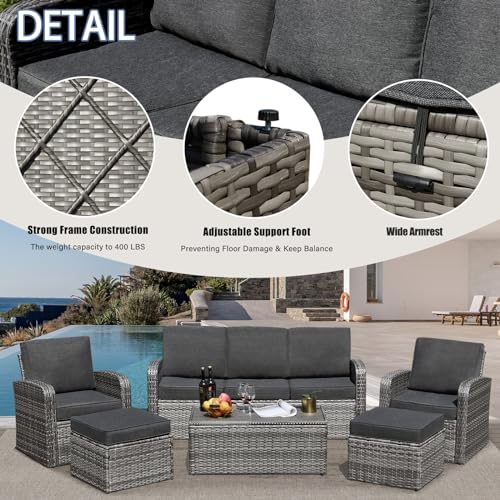 6 Pieces Patio Furniture Sets w/Cushions and Coffee Table, All Weather Wicker Outdoor Patio Conversation Sets w/Comfy Armrest