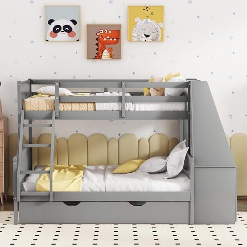 Twin Over Full Bunk Bed with Desk and Trundle, Wooden Bunk Beds Twin over Full Size with Storage Drawers and Shelf