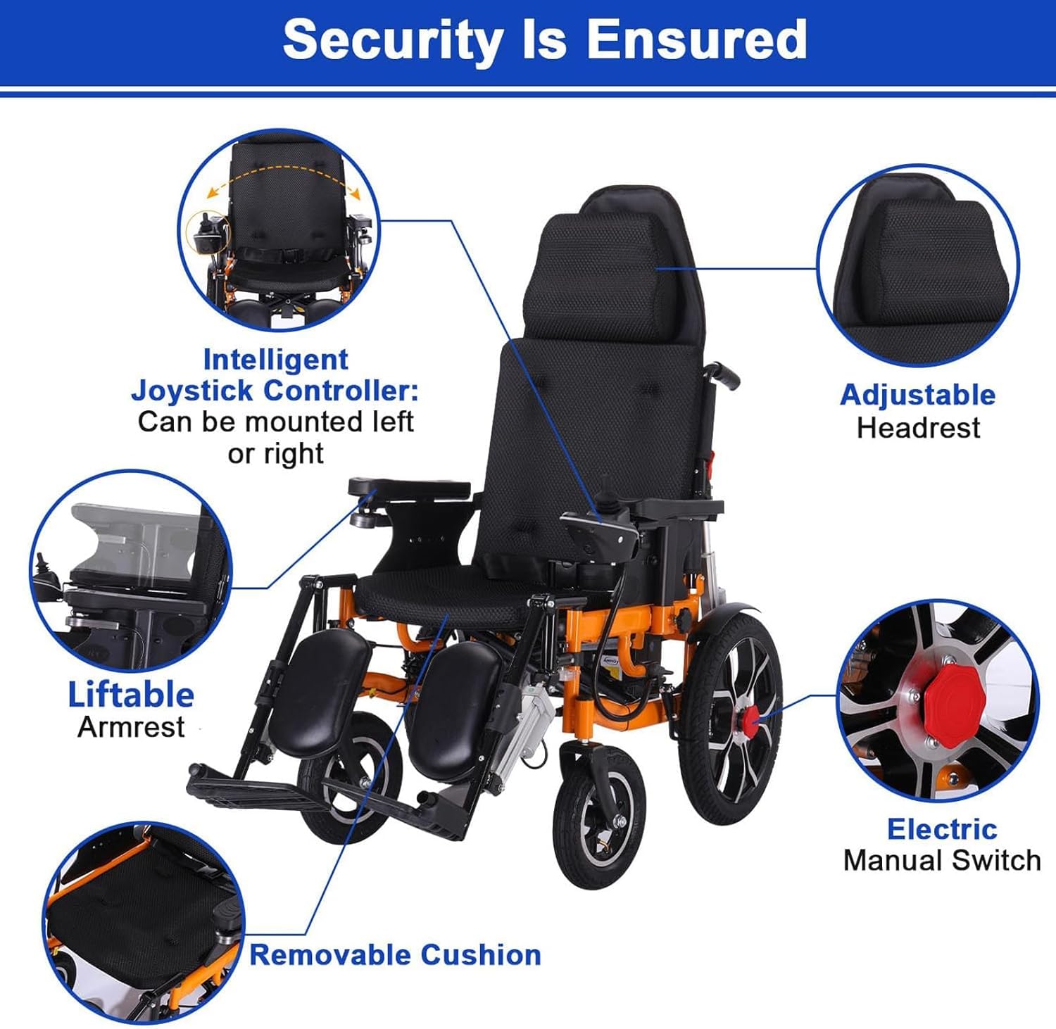 Reclining Foldable Electric Wheelchairs for Adults - Portable All Terrain Motorized Wheelchair w/Adjustable Backrest and Pedal, 500W Motor
