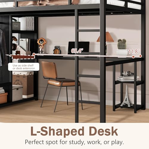 Queen Heavy Duty Metal Loft Bed with L-Shaped Desk, Wardrobe & 5 Storage Shelves – Space-Saving Design for Kids, Teens, Adults – CPC Certified