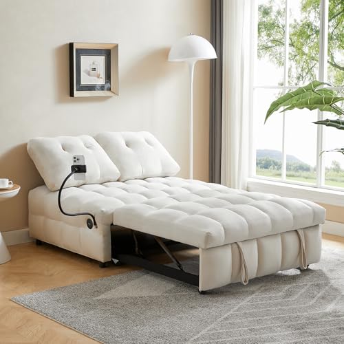 48" Convertible Sleeper Sofa Couch Bed,3-in-1 Velvet Tufted Pull Out Couch with USB&Type-C Charge Ports and Phone Holders