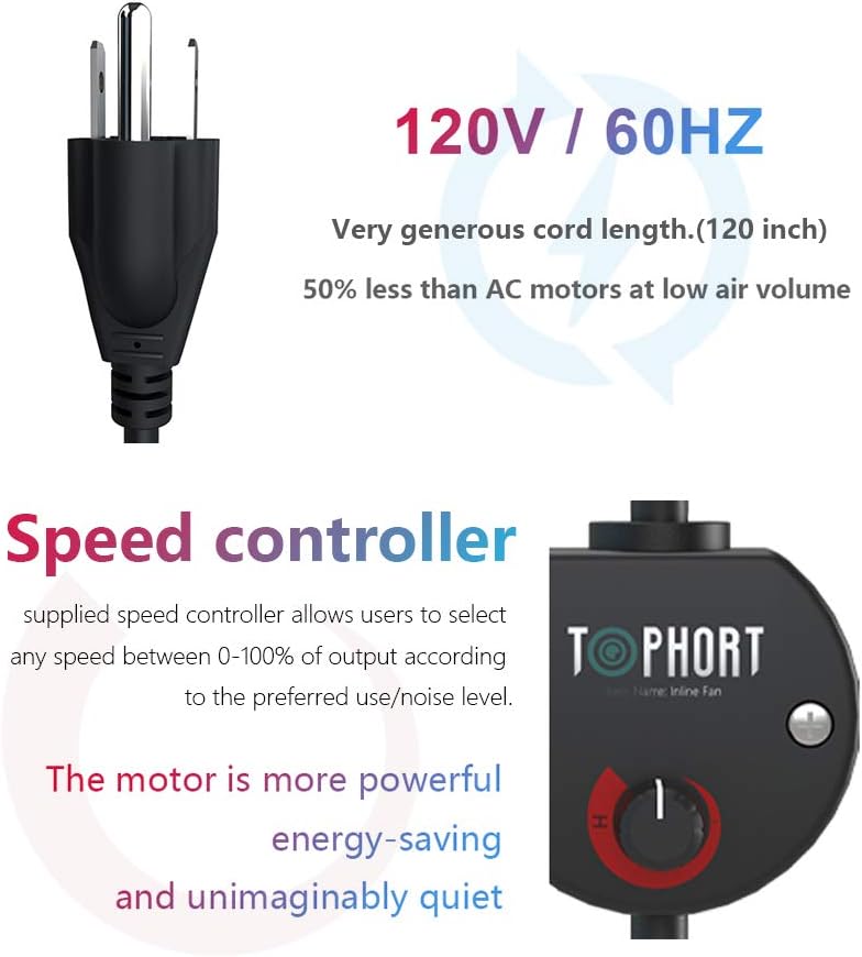TOPHORT EC Motor Inline Duct Fan 6 Inch with Variable Speed Controller, Air Tight Metal Casing, Energy Efficient EC Motor Heating