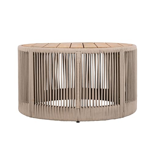 Outdoor Rattan Coffee Table with Solid Acacia Wood Tabletop, Patio Round Coffee Table Side Table (Grey)