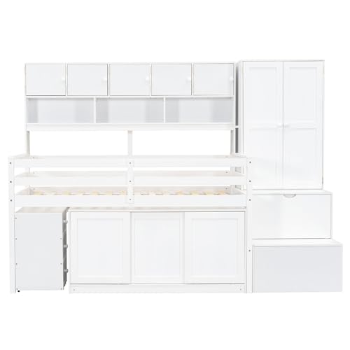 Harper & Bright Designs Full Size Loft Bed with Wardrobe, Wooden Full Loft Bed Frame Big Storage with Under-Bed Desk, Drawers and Shelves, Gray