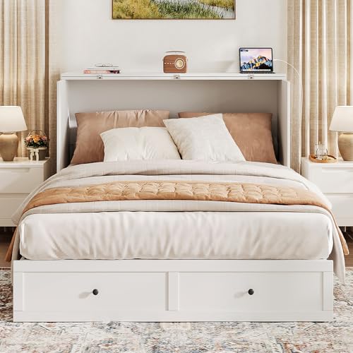 Queen Murphy Bed with Storage & Charging Station, Murphy Cabinet with Foldable Panel, Noisy Free, for Guest Bedroom, Living Room, Office