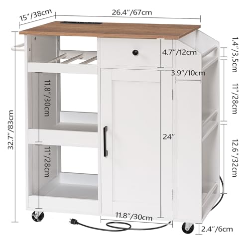 Kitchen Island with Power Outlet, Kitchen Storage Island with Drawer, Rolling Kitchen Cart on Wheels, Spice Rack, Towel Rack, Wine Rack