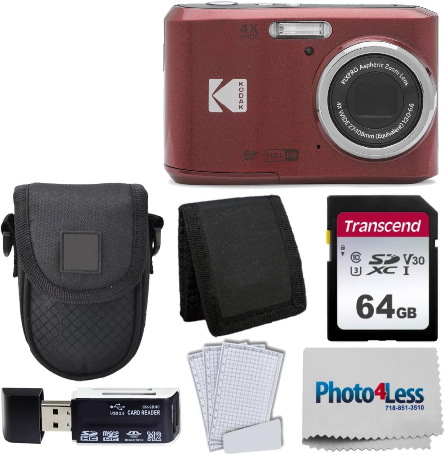 Kodak PIXPRO FZ45 Digital Camera + Black Point & Shoot Camera Case + Transcend 64GB SD Memory Card + Tri-fold Memory Card Wallet + Hi-Speed SD USB
