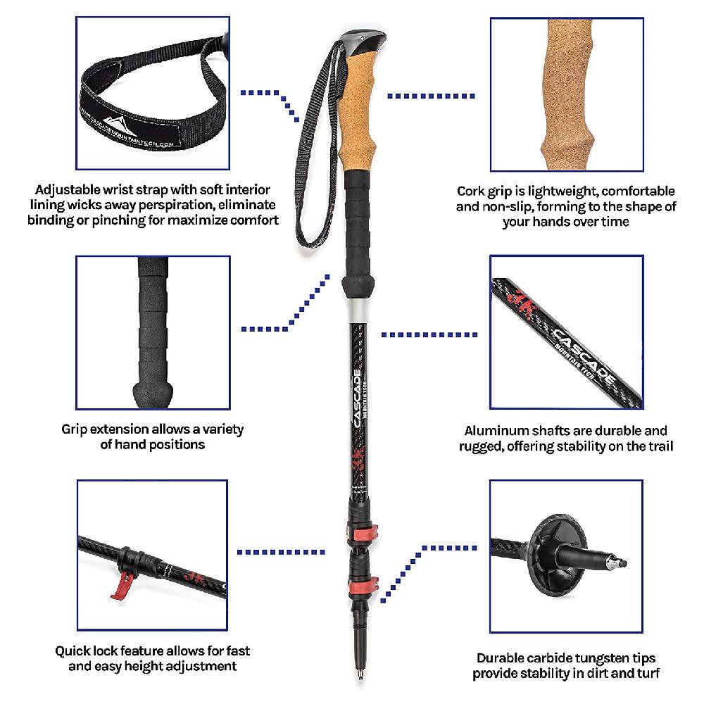 Cascade Mountain Tech 3K Carbon Fiber Trekking Poles Ultralight with Cork Grip