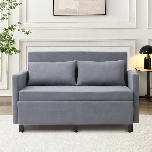 3-in-1 Sleeper Sofa Bed, 51'' Convertible Folding Couch with Pullout Bed, Chenille Futon Sleeper Sofa with Side Table and 2 Pillows