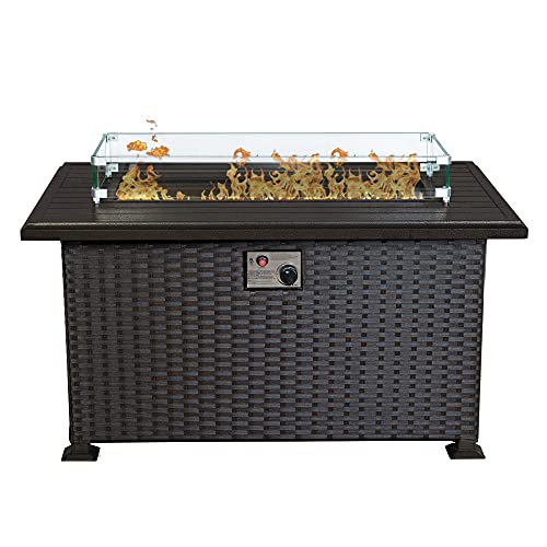 Kozyard Outdoor Patio Propane Gas Fire Pit Table - 50,000 BTU Wicker Design with Aluminum Tabletop, Glass Wind Guard