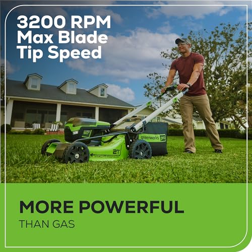 Greenworks 60V 21” Cordless (Self-Propelled) Lawn Mower (LED Lights + Aluminum Handles), 2 x 4.0Ah Batteries and Dual Port Rapid Charger