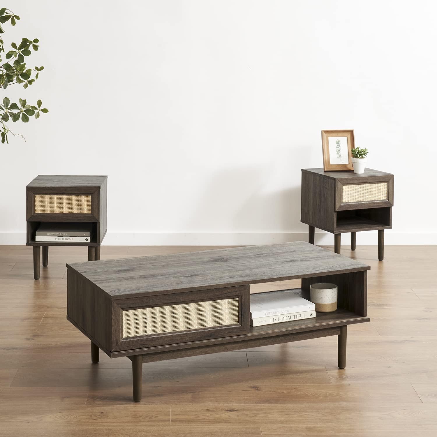 Mopio Haylee Modern Farmhouse Boho Coffee Table, with Rattan Cane Sliding Doors, Ample Storage Space for a Clean and Natural Living Room