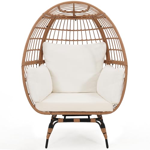 Oversized 360 Swivel Rattan Egg Chair for Adult, Indoor Outdoor Patio Large Wicker Egg Chair with Overstuffed Cushions, 440lb Weight Capacity
