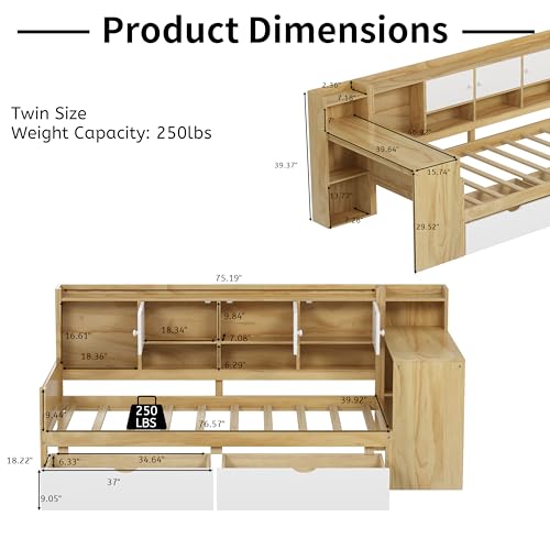 Corner Twin Bed Frame with Bookcase Storage and Desk, Wood Day Beds with 2 Drawers, Twin Size Daybed with Storage for Living Room