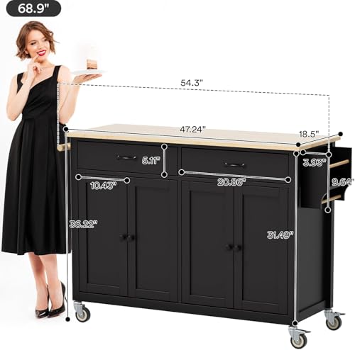 Rovibek Kitchen Island with Drawers 53 in Rolling Island Cart Mobile Solid Wood Portable Islands on Wheels with Storage Cabinet & Drawers, White