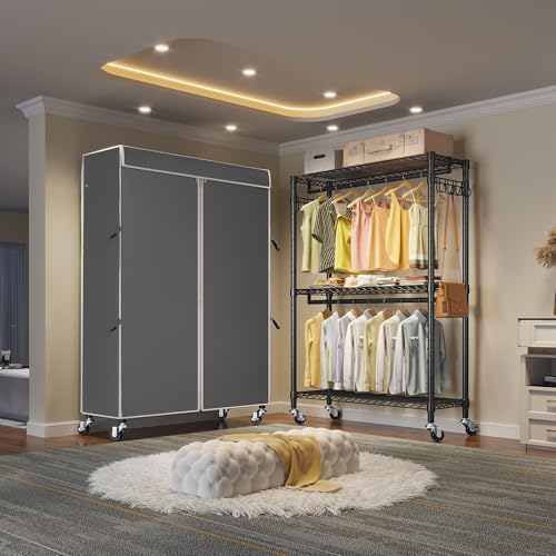 VIPEK R2C Medium Rolling Garment Rack with Cover Heavy Duty Clothes Rack Adjustable Clothing Rack for Hanging Clothes Portable Closets with Double
