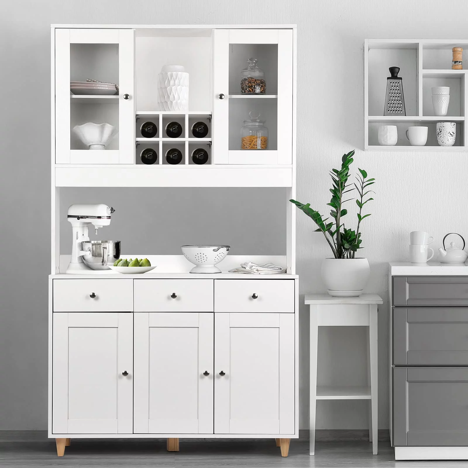 RichYa 71.2" Kitchen Pantry Cabinet Freestanding Large Storage Microwave Wine Cabinets White