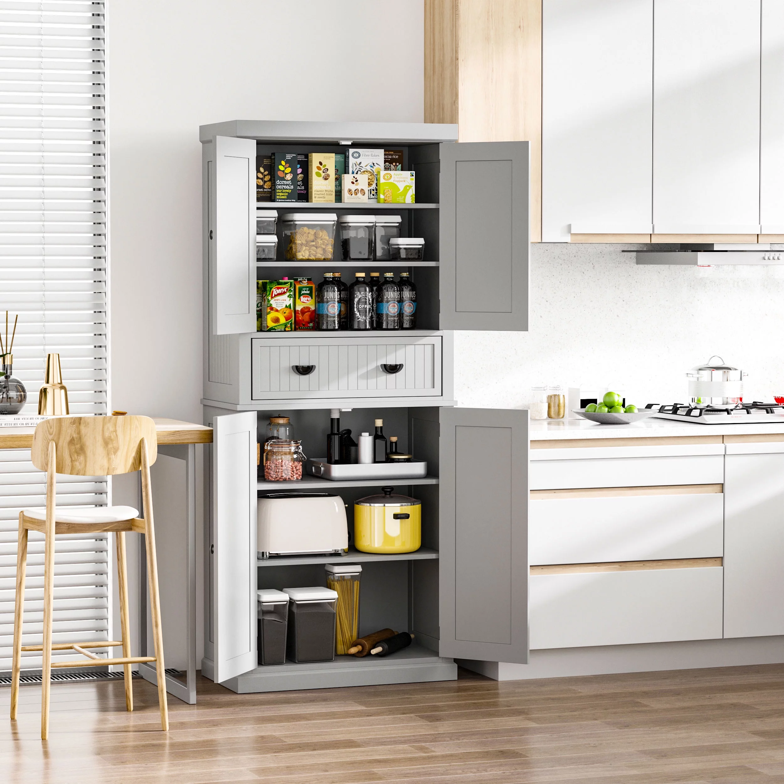 HOMCOM 72" Kitchen Pantry, Tall Storage Cabinet, Freestanding Cupboard with Drawer, Doors and Adjustable Shelves, Gray