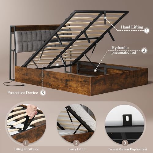 YITAHOME Queen Size Lift Up Bed with Charging Station & RGB LED Lights, PU Leather Upholstered Platform Storage Bookcase Headboard Bed