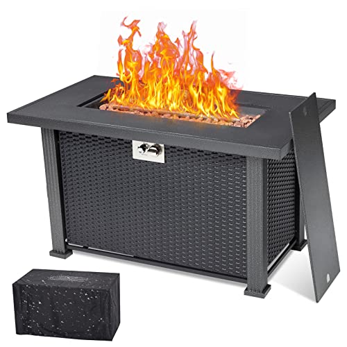 44 Inch Propane Fire Pit Table, 50000BTU Rectangle Fire Table with Cover & Rain Cover, Sturdy Steel and Iron Fence Surface, CSA Safety Certified
