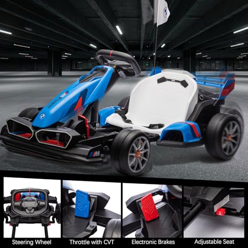 36V Licensed BMW Electric Go Kart, 7.5 MPH Drift Kart with 600W Motor, Outdoor Driftable Kids Race Pedal Go Karting Car w/Adjustable Seat, Lights