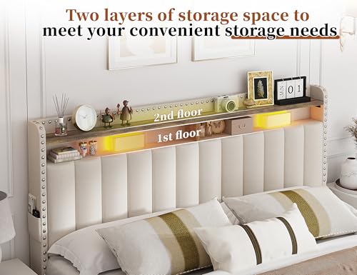 EnHomee Queen Bed Frame with 3 Storage Drawers, Upholstered Bed Frame Queen Size with 2-Tier Storage Headboard, Wooden Slats, No Box Spring Needed