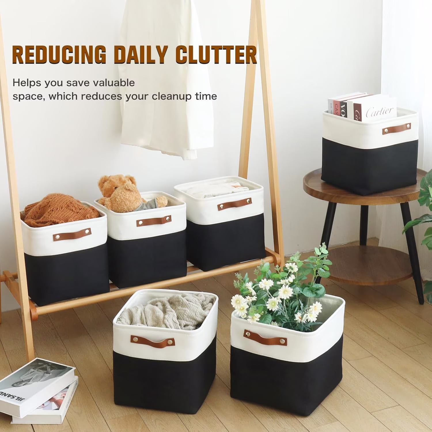 6 Pack Foldable Cube Storage Baskets 11x11 Inch with Leather Handles for Nursery, Closet &amp; Home Organization