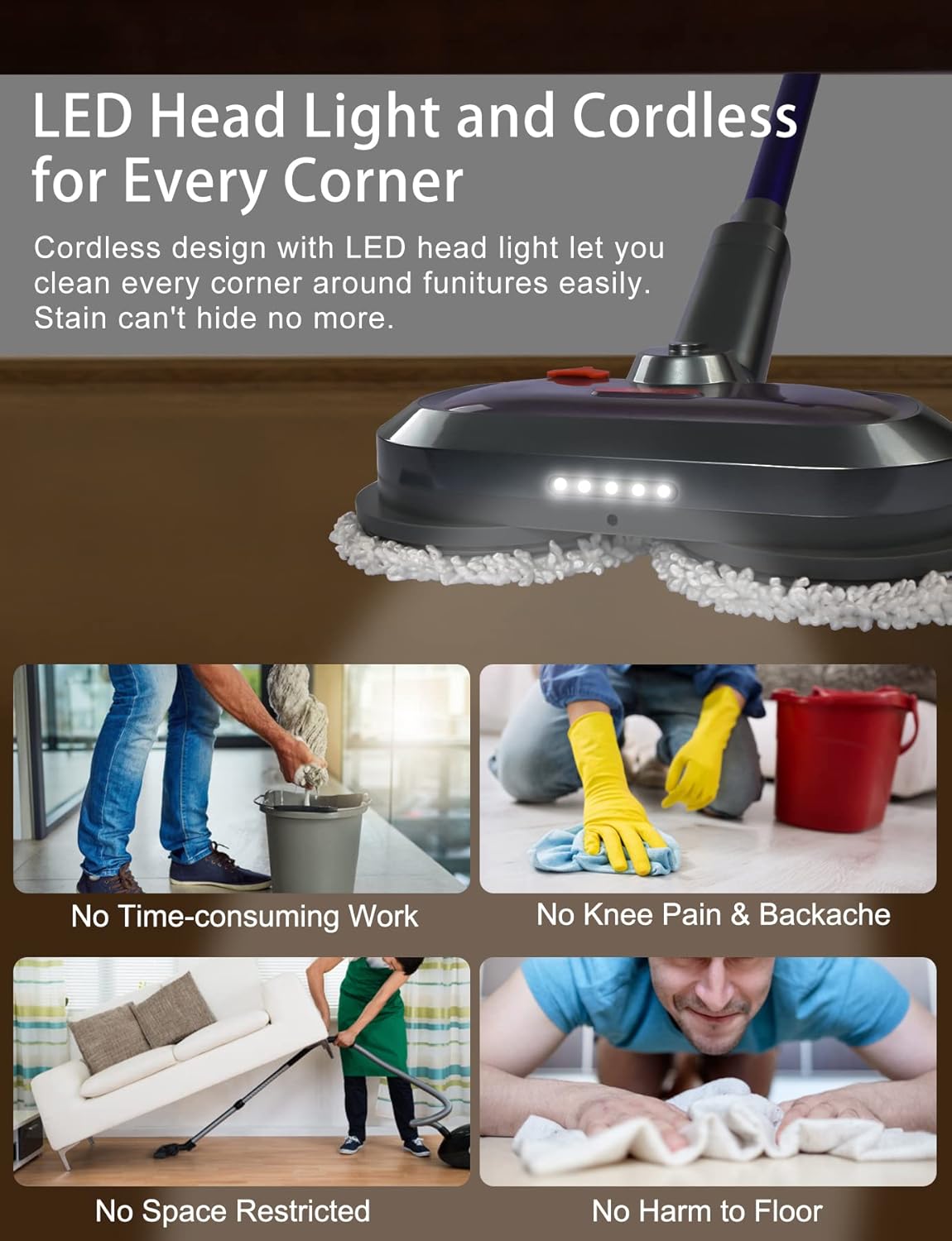 Electric Mop, Cordless Electric Mop, with Detachable Battery & 300ml Water Tank, Spin Mop with LED Headlight and Sprayer, for Hardwood, Tile