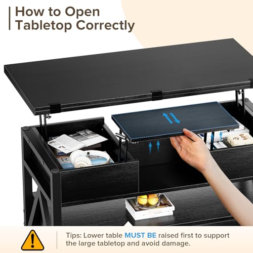 40" Lift Top Coffee Table,4 in 1 Multi-Function Lift Coffee Tables with Storage Drawers and Hidden Compartmen