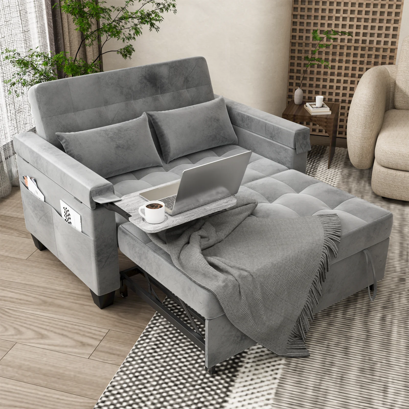 Belord 3-in-1 Convertible Pull Out Sleeper Sofa Bed with Storage Pockets and Side Table