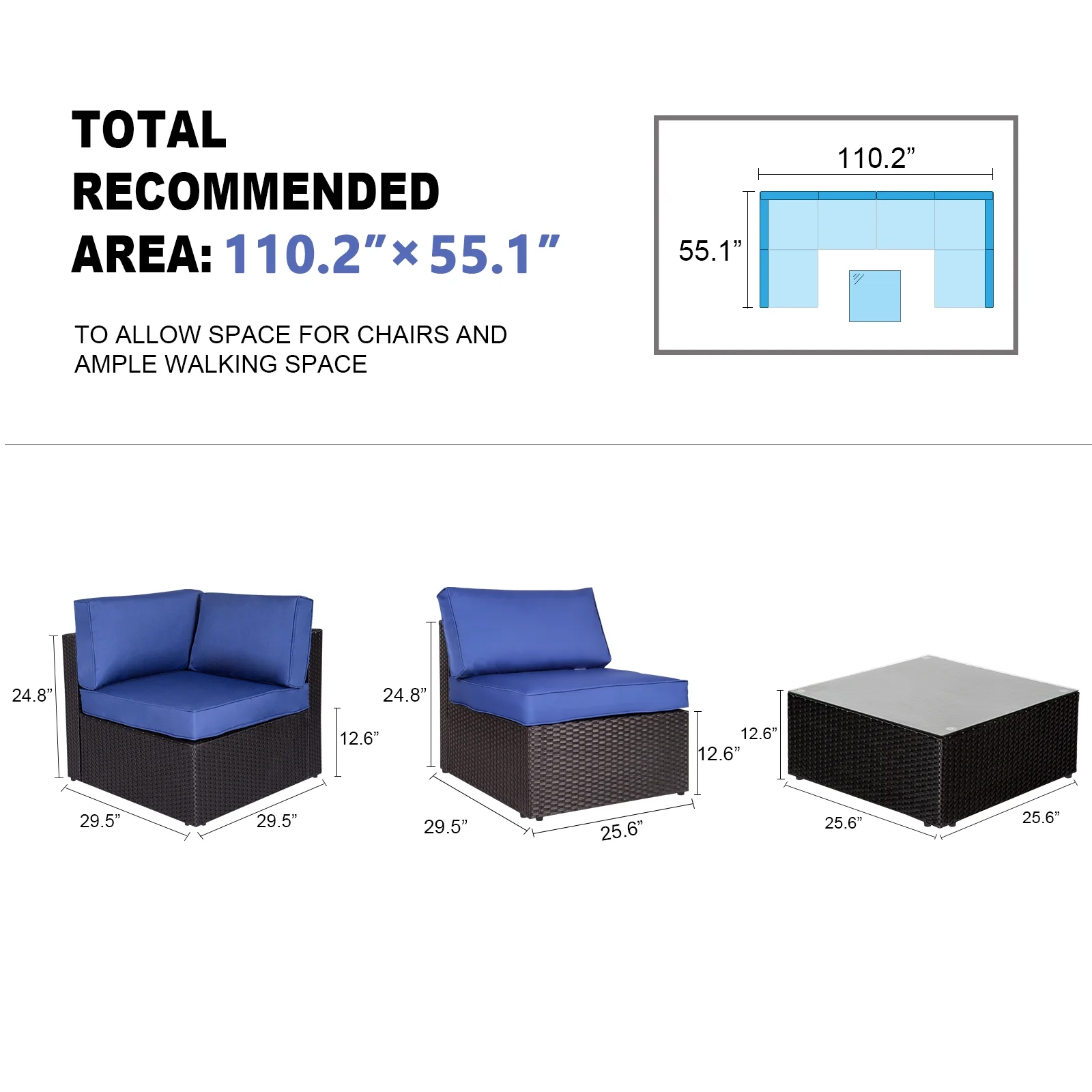 Kinbor 7pcs Outdoor Patio Rattan Wicker Furniture Sectional Sofa Set with Dark Blue Cushions