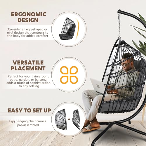 Chihee Egg Chair Foldable Wicker Rattan Hanging Chair Swing Chair Indoor Outdoor Patio Wicker Chair Hammock Chair with Stainless Steel Hanging Kit