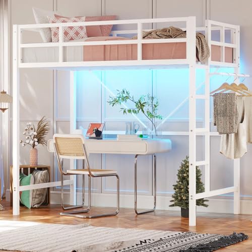 DICTAC Loft Bed Twin Size with Ladder and Guardrail,Metal Twin Loft Bed with Led Lights,Small Space Saving Furniture Design for Bedroom