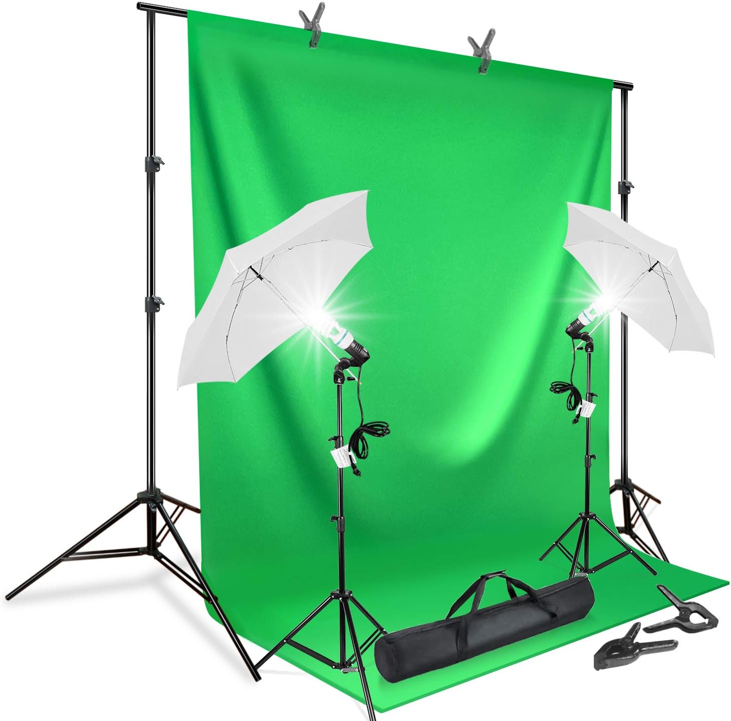 LimoStudio, AGG412, Photography Continuous Umbrella Studio Lighting Kit with 10 ft. Backdrop Stand and 6 x 9 ft. Green Background Screen, Carry Bag