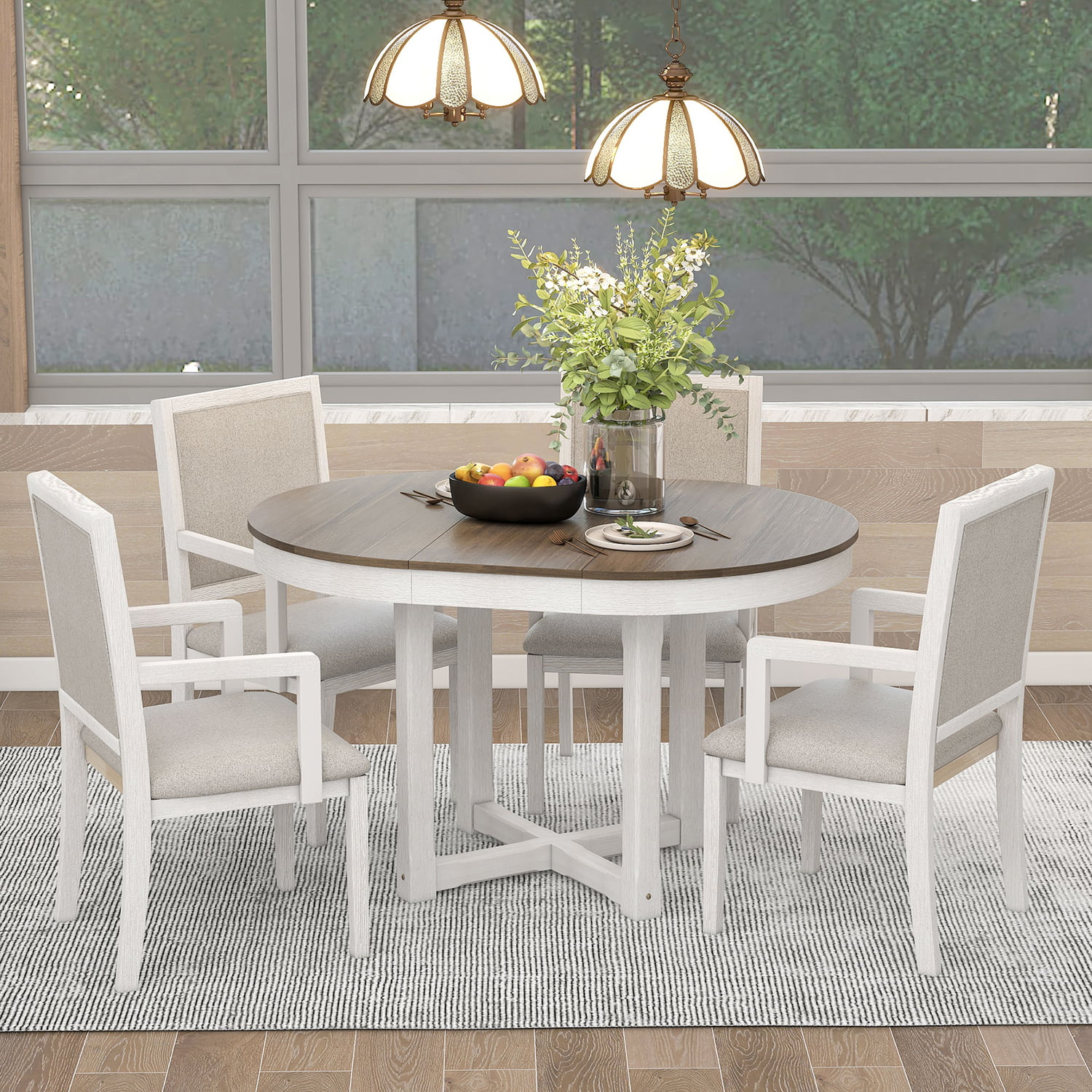 Churanty Farmhouse 5 Piece Round Dining Table Set for 4,Two Size Round to Oval Extendable Butterfly Leaf Wood Dining Table with 4 Upholstered Chairs