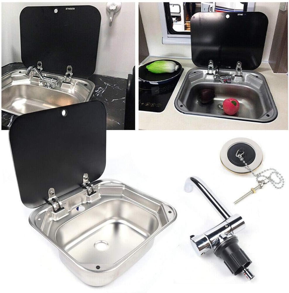 RV Caravan Sink, Stainless Steel Sink Hand Wash Basin Kitchen Basin Sink + Glass Lid+ Cold&Hot Faucet for Camper Boating Trailer Accessories