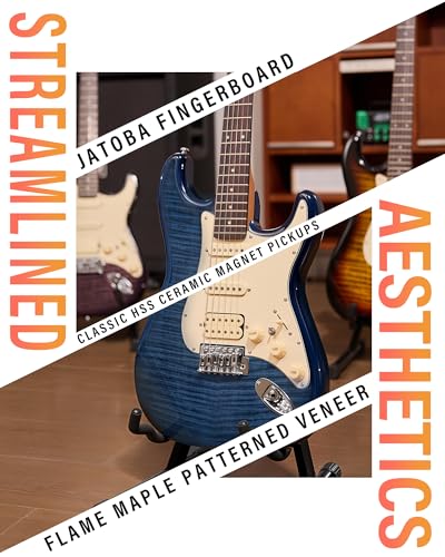 AKLOT Stryde Electric Guitar with Coil-Split: Roasted Maple Neck, Flame Maple Graphic Top, HSS Ceramic Pickups, Beginner Guitar Kit with 10W Amp