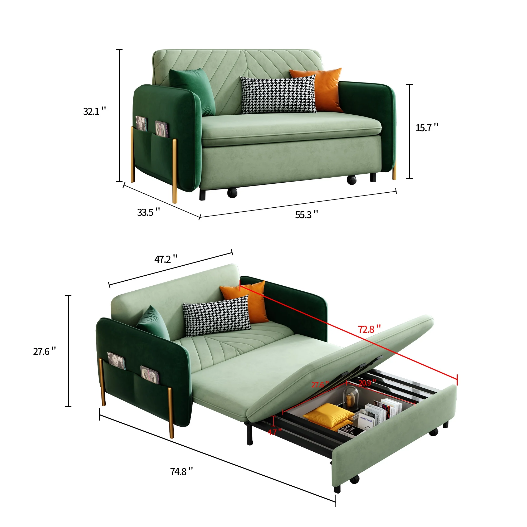 53.5" Full Sleeper Sofa Green Upholstered Convertible Sofa Bed 3 in 1 Sleeper Sofa Couch Bed