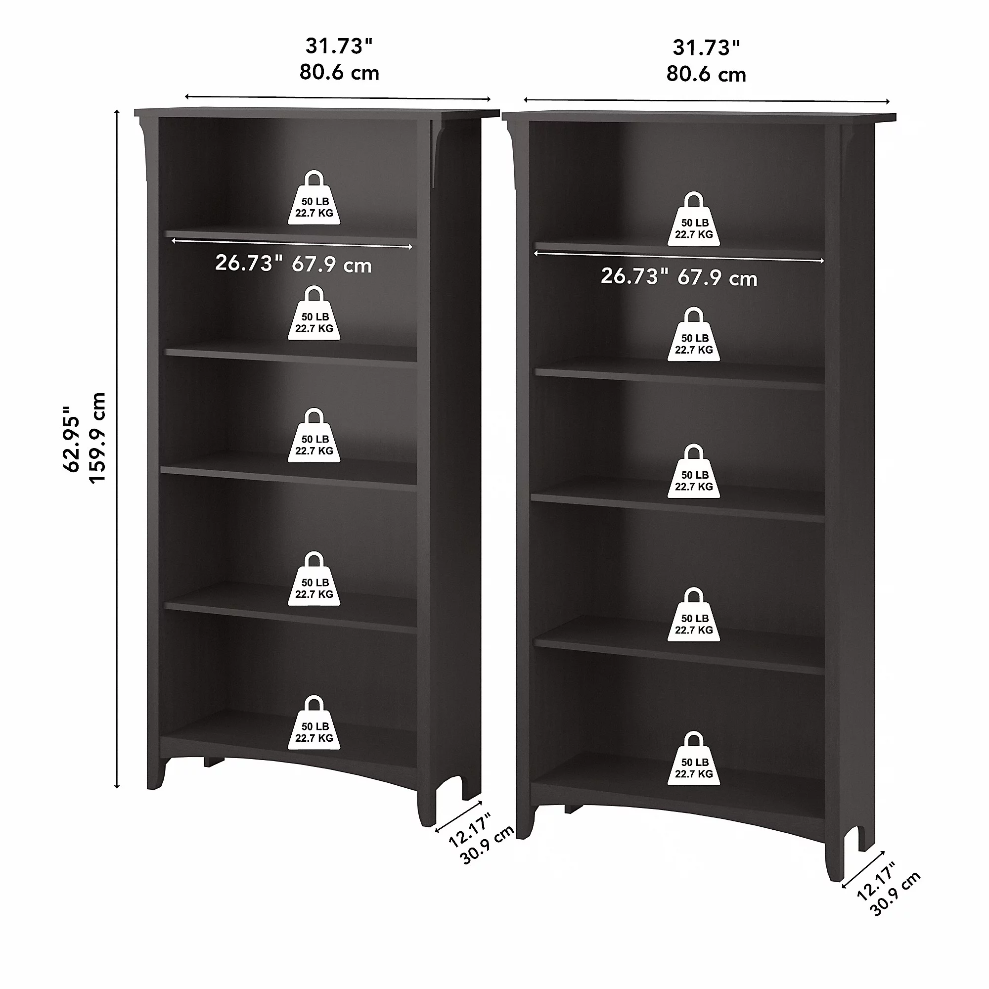 Bush Furniture Salinas Tall 5 Shelf Bookcase, Set of 2, Vintage Black
