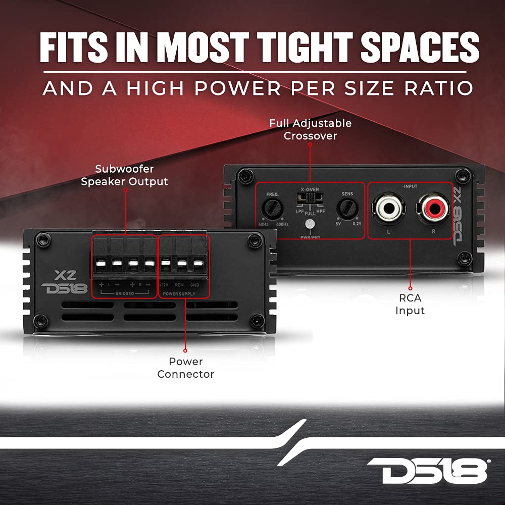DS18 X2 Ultra Compact Car Audio Amplifier Class D 2 Channel Full Range 1140 Watts Peak