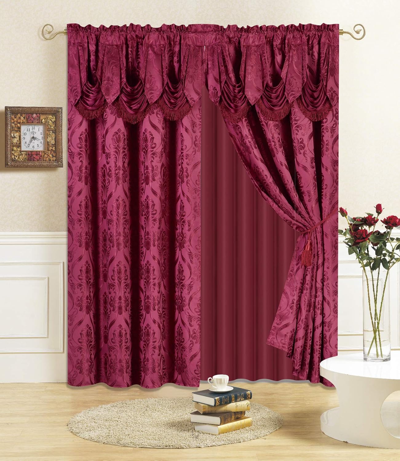 All American Collection New 4 Piece Drape Set with Attached Valance and Sheer with 2 Tie Backs Included (63" Length, Orange)