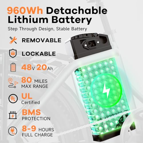 1000W Folding Electric Bike,48V 20AH Removable Battery E Bike,30+MPH,80 Miles Max Range Electric Bike for Adults,20" Fat Tire Foldable ebike