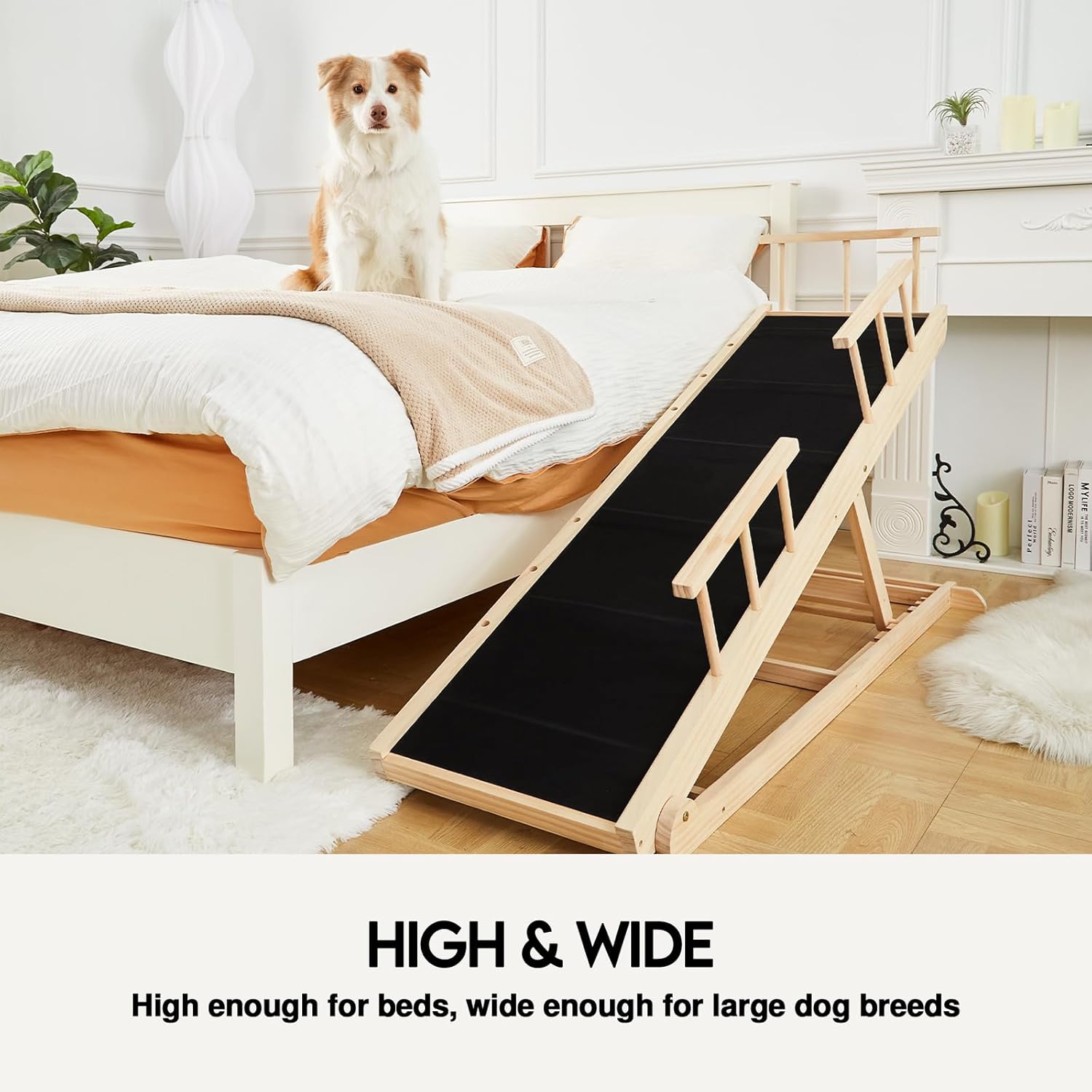 Woohoo Dog Ramp for Bed - Non-Slip Rubber Surface - Folding Wooden Pet Ramp for Dogs to Get on Bed - Dog Ramp for Large, Small, Old Dogs