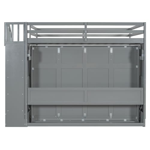 Queen Size Farmhouse Murphy Bed Cabinet with Charging Station, Foldable Platform Bed Frame with 2 Storage Drawers