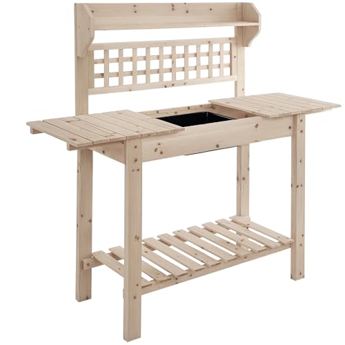 Outsunny Outdoor Potting Bench Table, Wooden Workstation with Sliding Tabletop, Storage Shelf and Dry Sink, for Greenhouse, Garden, Patio, Brown