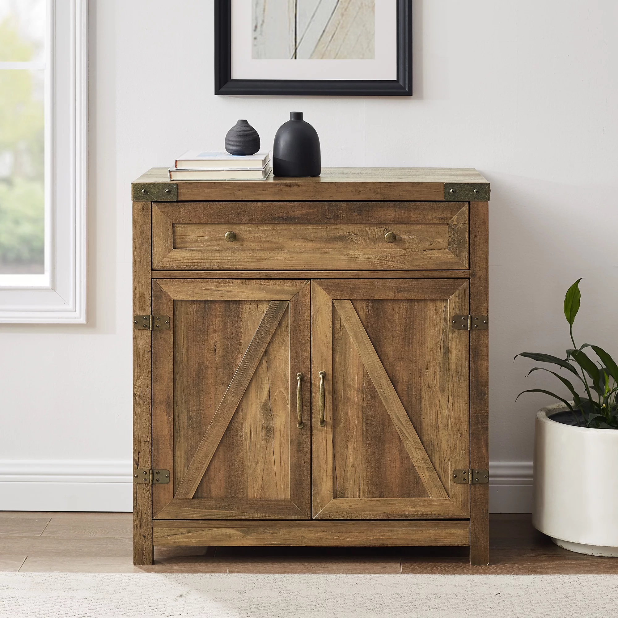 Walker Edison Farmhouse Barn Door Accent Cabinet, Reclaimed Barnwood