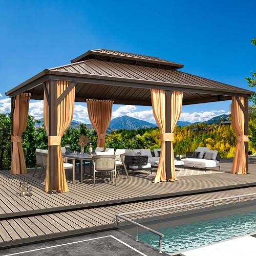 MELLCOM 10'x13' Hardtop Gazebo with Polycarbonate Double Roof, Aluminum Frame Outdoor Gazebo Permanent Pavilion with Curtains and Netting for Patio