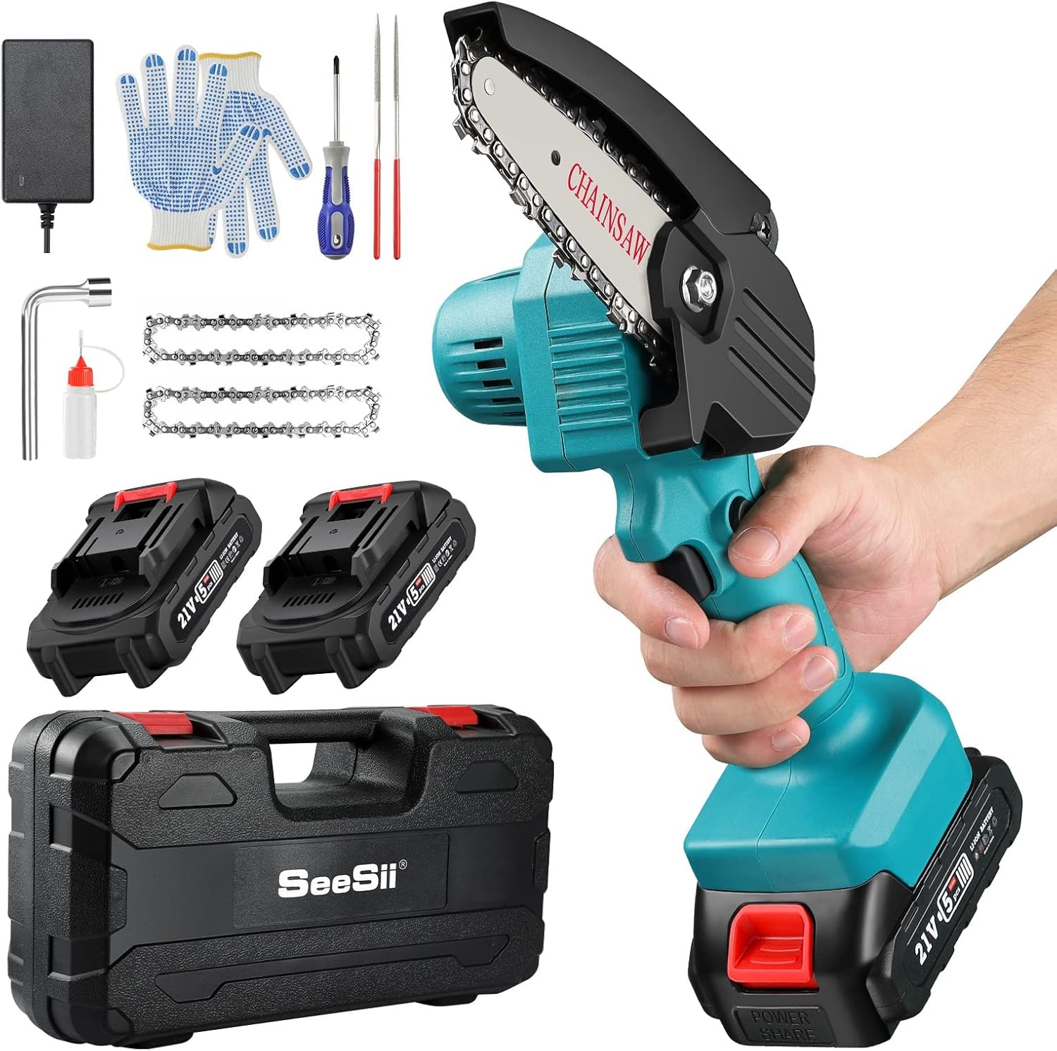 Mini ChainSaw with 2 Battery, Seesii 4-Inch Cordless Electric Pruning Chain Saw with Replacement Chain