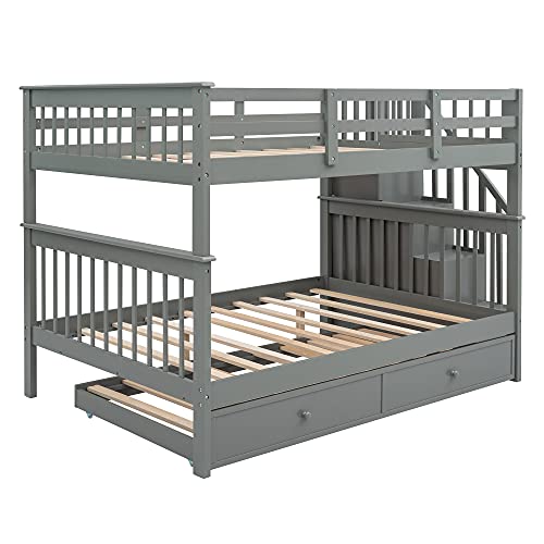 Harper & Bright Designs Twin Over Twin Bunk Bed with Stairs and Trundle, Solid Wood Stairway Bunk Bed Frame with Storage