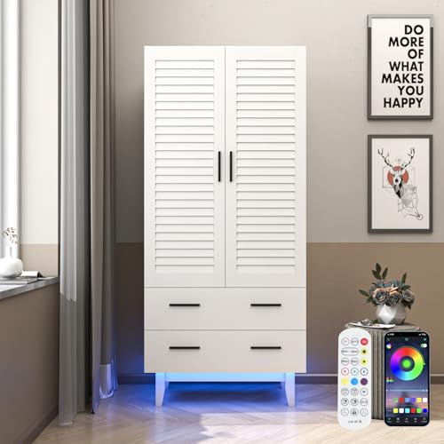 3 Door Armoire Wardrobe Closet Cabinet with Drawers and LED Lights, Multi-Tier Shelves, Hanging Rod & 3 Louver Doors